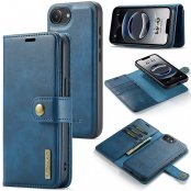 Blå DG.MING 2-in-1 Magnet Wallet iPhone 16e – produktöversikt med avtagbart magnetiskt skal och matchande plånboksfodral i elega
