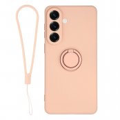 Rosa silikonskal till Samsung Galaxy S26 med ringhållare på baksidan och medföljande handledsrem i samma färg