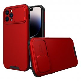 Skal iPhone 14 Pro med Kameraskydd i röd färg som visar designen