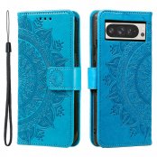 Stängt blått mandala-läderfodral med handledsrem för Google Pixel 10 Pro XL