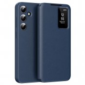 Blått Smart View-läderfodral till Samsung Galaxy S24, visat framifrån och bakifrån