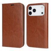 Mobilfodral i brunt läder till iPhone 17 Pro Max – visad framsida och baksida