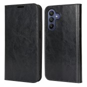 Svart äkta läderfodral för Samsung Galaxy A17 stängt framsida