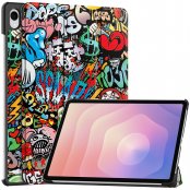 Samsung Galaxy Tab S11 Tri-fold fodral med färgglatt graffiti-motiv i stativläge