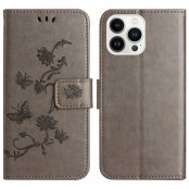 Läderfodral Fjärilar iPhone 16 Pro Grå