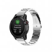 Garmin Fenix 8 43mm med silverfärgat metallarmband – monterad vy framifrån