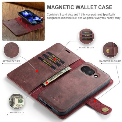 Närbild på rött DG.MING 2-in-1 magnetfodral för Google Pixel 9a, liggande vy med avtagbart skal och kortfack.