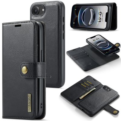 Svart DG.MING plånboksfodral med magnetiskt avtagbart skal bredvid iPhone 17e