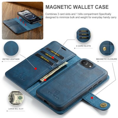 Blått DG.MING magnetfodral i delar för iPhone 17e – visning av avtagbart skal, kortplatser och magnetfäste på vit bakgrund.