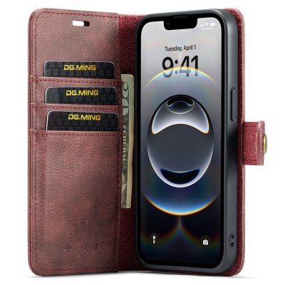 Stående rött iPhone 17e-fodral med magnetlås och tre kortplatser, skärmen tänd.