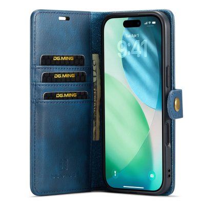 Öppen vy av blå DG.MING 2-i-1 magnetwallet med kortplatser till iPhone 17 Air