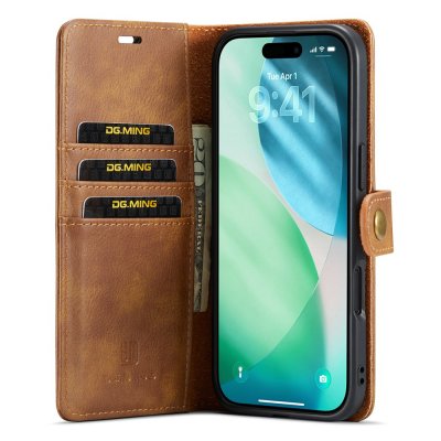 Ställfunktion med iPhone 17 Air i horisontellt läge i DG.MING cognacfodral