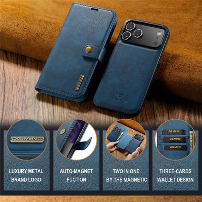 Textur och finish i blå läderlook – DG.MING magnet wallet till iPhone 17 Pro