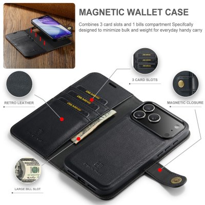 Magnetiska komponenter och korthållare i svart DG.MING plånboksfodral för iPhone 17 Pro Max