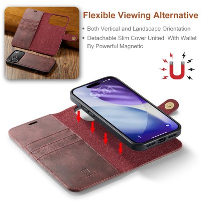 Magnetisk avtagbar design – DG.MING iPhone 17 Pro Max läderfodral i rött
