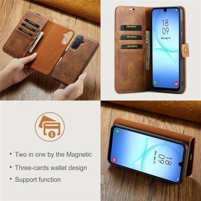 Kortfack, sedelfack och magnetfunktion i DG.MING Galaxy A17-fodral – cognac