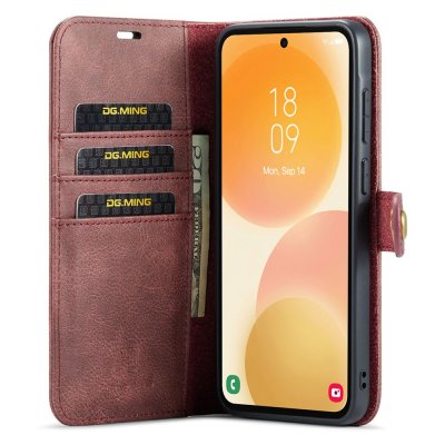 DG.MING röd magnet wallet till Galaxy A57 med kortfack och mobil insatt