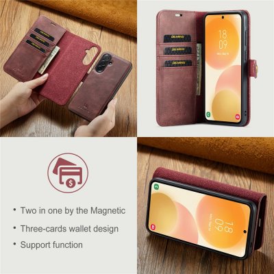 Detaljbild av röd DG.MING magnet wallet med flera kortfack