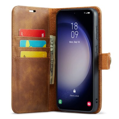 Cognacfärgat DG.MING plånboksfodral till Galaxy S26 Plus med synliga kortfack
