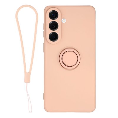 Rosa silikonskal till Samsung Galaxy S26 med ringhållare på baksidan och medföljande handledsrem i samma färg