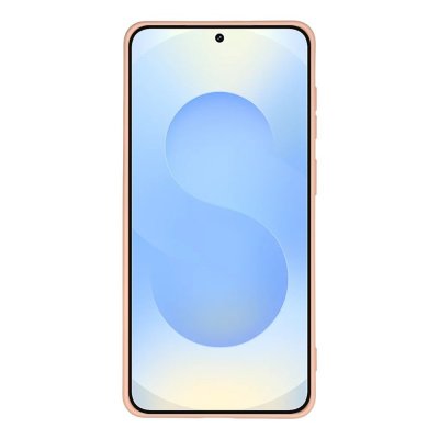 Samsung Galaxy S26 i rosa silikonskal sett framifrån med skyddande kant runt skärmen