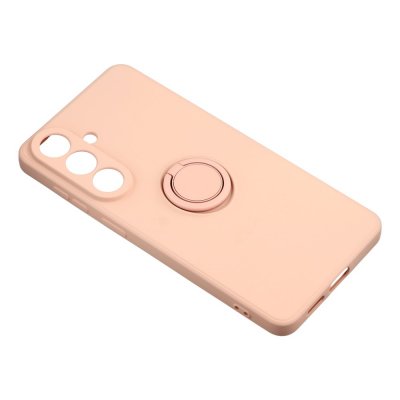 Baksidan av rosa silikonskal till Samsung Galaxy S26 med integrerad metallring i matchande färg