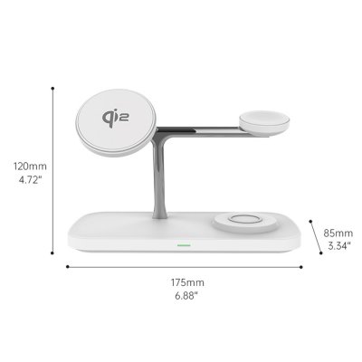 Måttskiss av vit trådlös laddstation 3-i-1: 175 mm bred, 120 mm hög och 85 mm djup