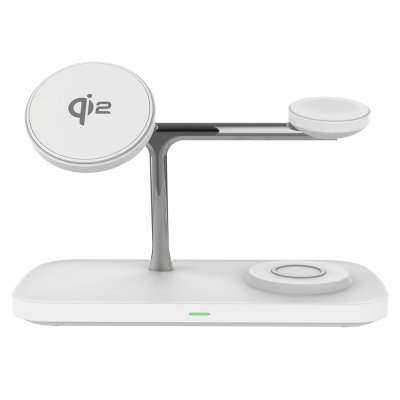 Vit trådlös laddstation 3-i-1 med Qi2-märkt magnetisk mobilpanel, klockplatta och laddyta för hörlurar