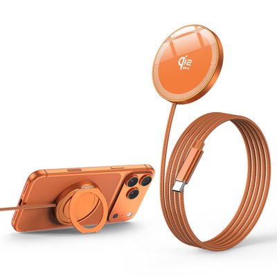 Orange trådlös Qi2-kompatibel laddare 25 W med flätad USB-C-kabel och utfällbart ringställ