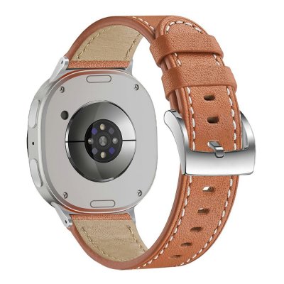 Samsung Galaxy Watch 8 44mm med brunt läderarmband i äkta läder, bakre vy med sensor