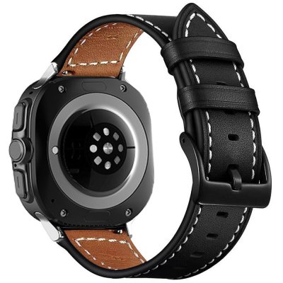 Svart äkta läderarmband monterat på Samsung Galaxy Watch Ultra (2025)