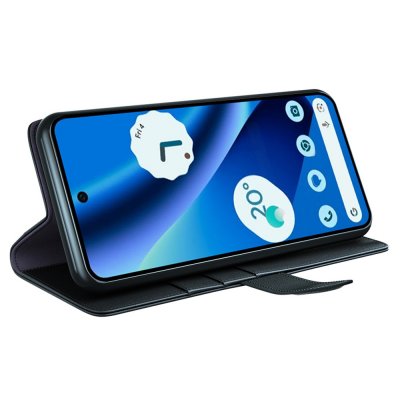 Google Pixel 10a plånboksfodral i äkta läder svart – skydd med stativfunktion