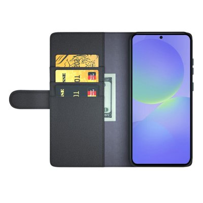 Samsung Galaxy A37 i svart läderfodral med kortfack och magnetstängning