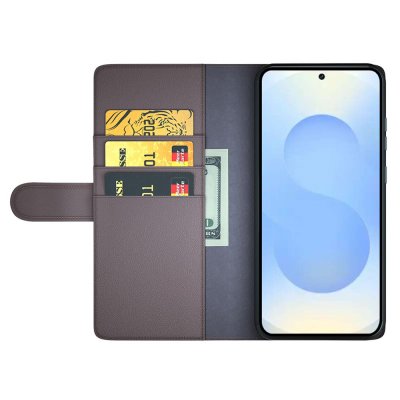 Samsung Galaxy S26 Plus plånboksfodral i brun äkta läder med kortfack