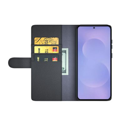 Läderfodral Samsung Galaxy S26 svart med kortfack och öppen vy