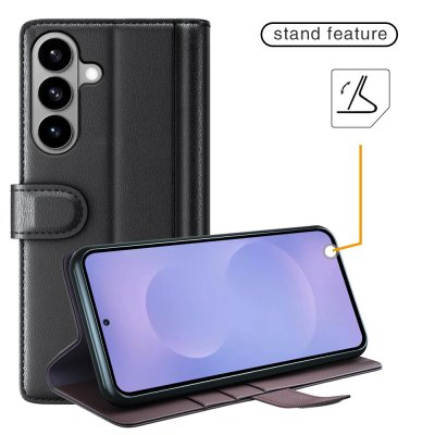 Äkta svart läderfodral Samsung Galaxy S26 i vinkelvy