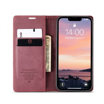 Öppet rött CaseMe Slim plånboksfodral iPhone 17e med kortplatser