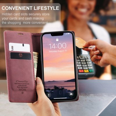 CaseMe Slim rött iPhone 16e fodral öppet med telefon och kort insatta
