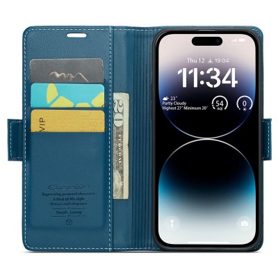 Köp CaseMe Slim Plånboksfodral RFID-skydd iPhone 15 Pro Blå Online
