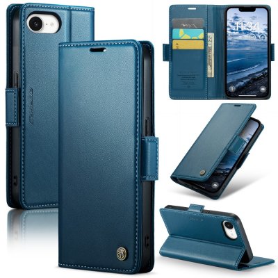 CaseMe Slim blått plånboksfodral med RFID-skydd för iPhone 17e – framsida och baksida