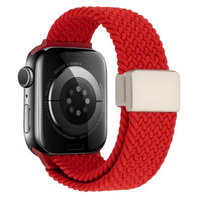 Apple Watch 38/40/41mm med rött elastiskt vävt nylonarmband visad från sidan