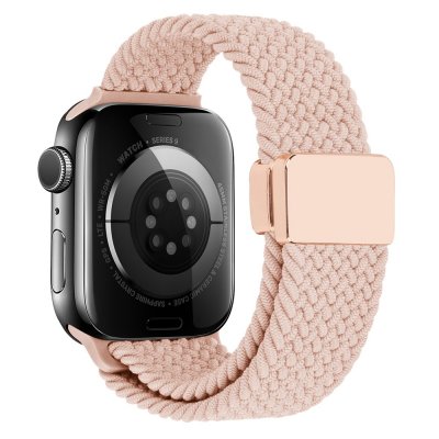 Apple Watch Series 10 42mm visad från sidan med rosa nylonarmband