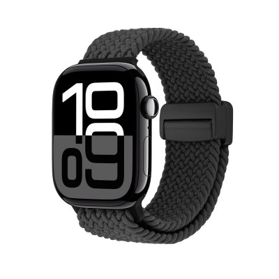 Apple Watch Series 11 med svart elastiskt vävt nylonarmband 42mm