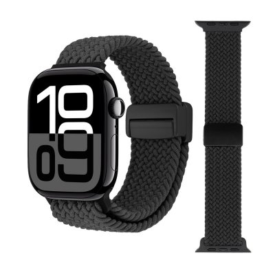 Elastiskt vävt nylonarmband i svart bredvid Apple Watch 38/40/41mm