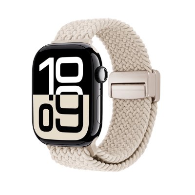 Beige elastiskt vävt nylonarmband för Apple Watch Series 11 46mm, framifrån