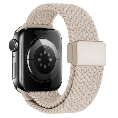 Apple Watch Series 11 46mm med beige nylonarmband, sidovy