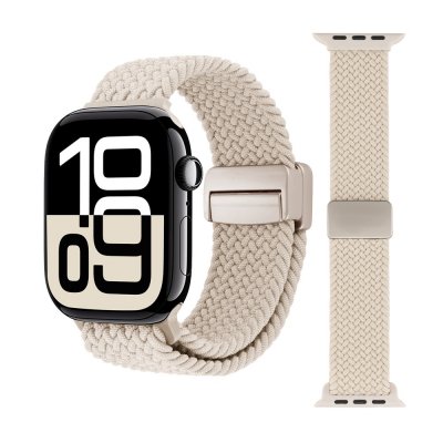 Elastiskt beige nylonarmband för Apple Watch Series 11 46mm, produktbild