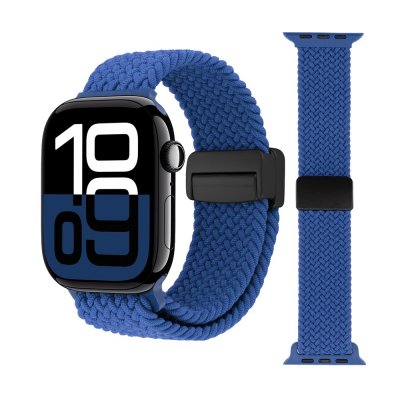 Elastiskt blått armband i vävd nylon för Apple Watch Series 11 46mm – liggande vy