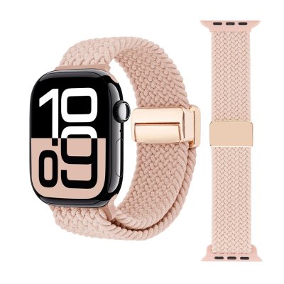 Bekvämt elastiskt Apple Watch armband i rosa vävd nylon 42mm 44mm 45mm