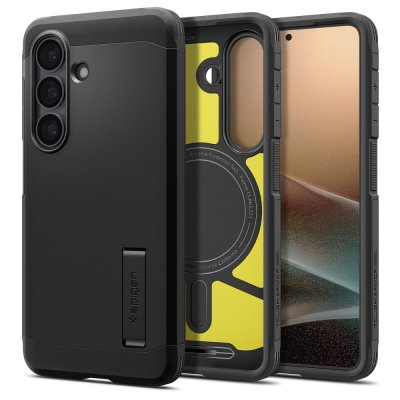 Spigen Samsung Galaxy S26 Case Rugged Armor MagSafe Black monterat på telefon fram och bak